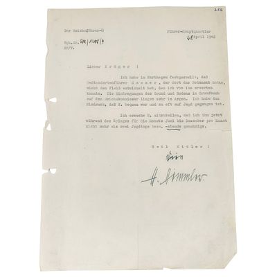 Heinrich Himmler Signed Letter. Typed letter on official 'Der Reichsf&uuml;hrer-–SS' letterhead 