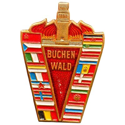 Buchenwald Memorial Commemorative Badge with National Flags. A gilt-metal and enamel 