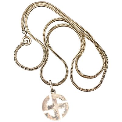 Silver Foxtail-Chain Necklace with Circular Swastika Pendant. A foxtail-link chain necklace 
