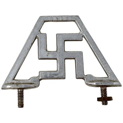 Early NSDAP Metal Swastika License Plate Topper/Emblem. A cast metal emblem in a triangular 
