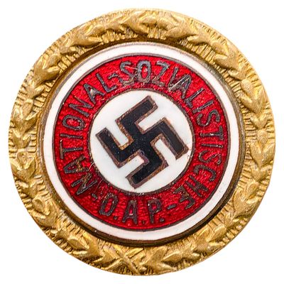 NSDAP Golden Party Badge Small Version, maker marked Fuess M&uuml;nchen. A small-version NSDAP Golden 