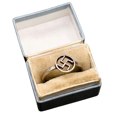 Third Reich NSDAP Silver Ring with Box 900 Silver. A slender band ring in a light-toned metal 