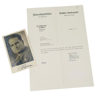 Rudolf Hess Signed Photograph with Accompanying NSDAP Covering Letter, 1936. A photographic 
