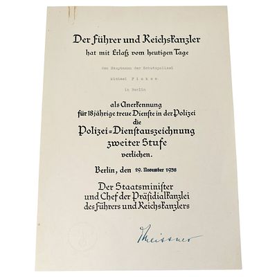 Third Reich Police Long Service Award Document Named to Hauptmann Michael Finken, Berlin 1938. A 