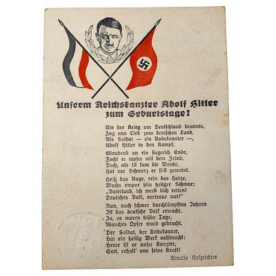 German 1933 Propaganda Postcard - 'Unserm Reichskanzler Adolf Hitler zum Geburtstage'. A printed 