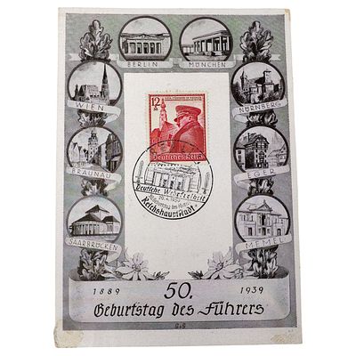 German 1939 "50th Birthday of the Fuehrer" Commemorative Postcard with Special Postmark. A 