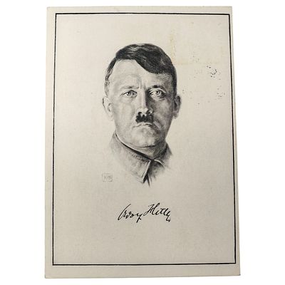 Adolf Hitler Propaganda Postcard. A printed postcard bearing a portrait bust rendered in a 