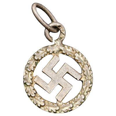 Swastika German WWII-Era Small Pendant with Oak Leaf Wreath Motif. A small round pendant in a 