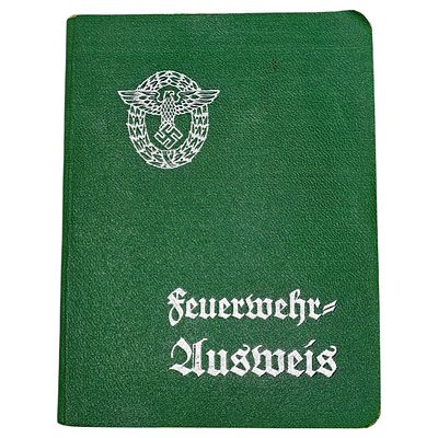 German WWII Feuerwehr-Ausweis (Fire Brigade Identity Document). A green cloth-covered identity 