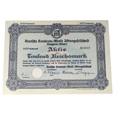 German 1942 Share Certificate - Deutsche Linoleum-Werke AG, Bietigheim. A 1000 Reichsmark share 