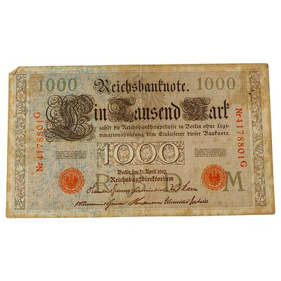German Imperial 1000 Mark Reichsbanknote, Berlin 1910. A 1000 Mark Reichsbanknote issued by the 