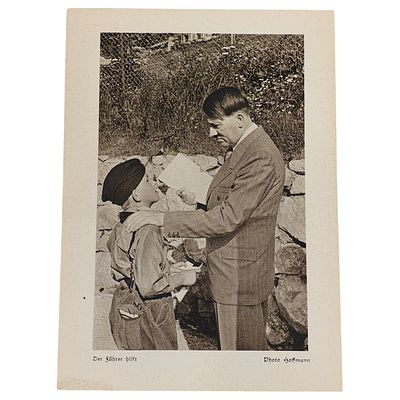 Adolf Hitler Third Reich Propaganda Postcard "Der Fuehrer hilft". A printed postcard depicting a 