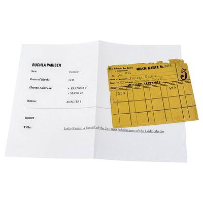 Lodz Ghetto Milk Ration Card ("Milch Karte") Issued to Ruchla Pariser 
A printed ration card 
