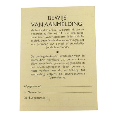 Third Reich Nazi Dutch Jewish Registration Card. Dutch WWII "Bewijs van Aanmelding" Jewish 