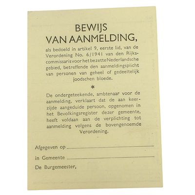 Third Reich Nazi Dutch Jewish Registration Card. Dutch WWII "Bewijs van Aanmelding" Jewish 