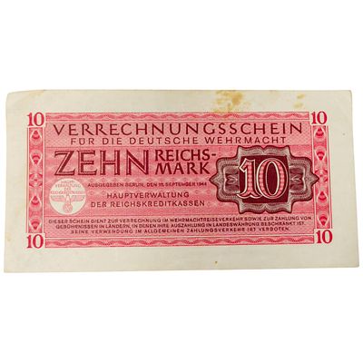 German WWII Wehrmacht 10 Reichsmark Military Payment Certificate (Verrechnungsschein). A 10 