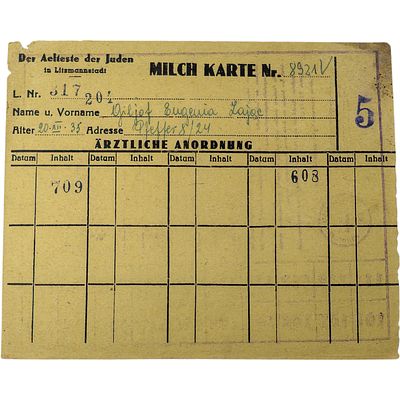 Litzmannstadt (Lodz) Ghetto Milk Card - Milch Karte Issued by Der Aelteste der Juden. A ration 