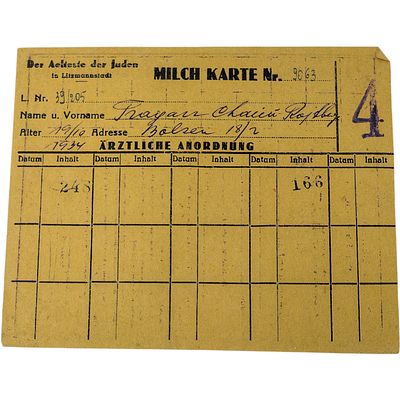 WWII Litzmannstadt Ghetto Milk Ration Card. A printed ration card issued by "Der Aelteste der 