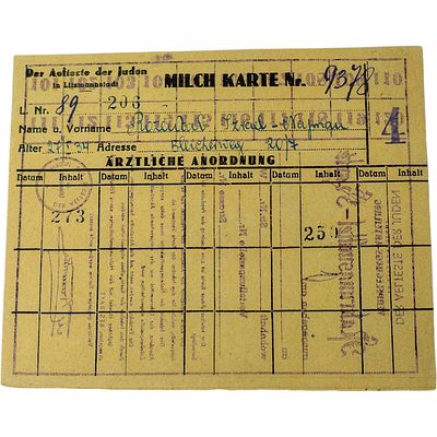Lodz Ghetto Milk Ration Card (Milch Karte) Issued by the Aelteste der Juden. A printed ration 