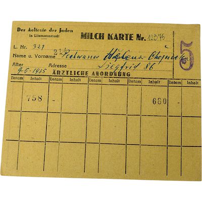WWII Litzmannstadt (Lodz) Ghetto Ration Card - Judenrat Issue. A printed ration card issued 