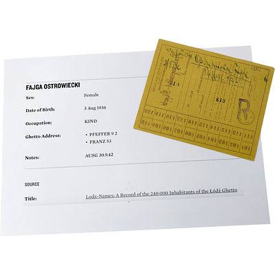Lodz Ghetto Food Ration Card (Nahrungsmittel-Karte) with Identification Research Sheet. A 