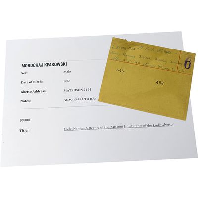 Lodz Ghetto Food Ration Card (Nahrungsmittel-Karte) for Mordchaj Krakowski, with Research Printout. 