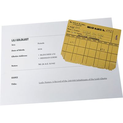 Litzmannstadt (Lodz) Ghetto Ration Card for Lili Goldlust. Ghetto-issued ration cards printed on 