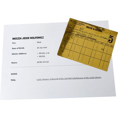 Litzmannstadt Ghetto Milk Ration Card Issued to Moszek Josek Wolfowicz. A printed ration card 