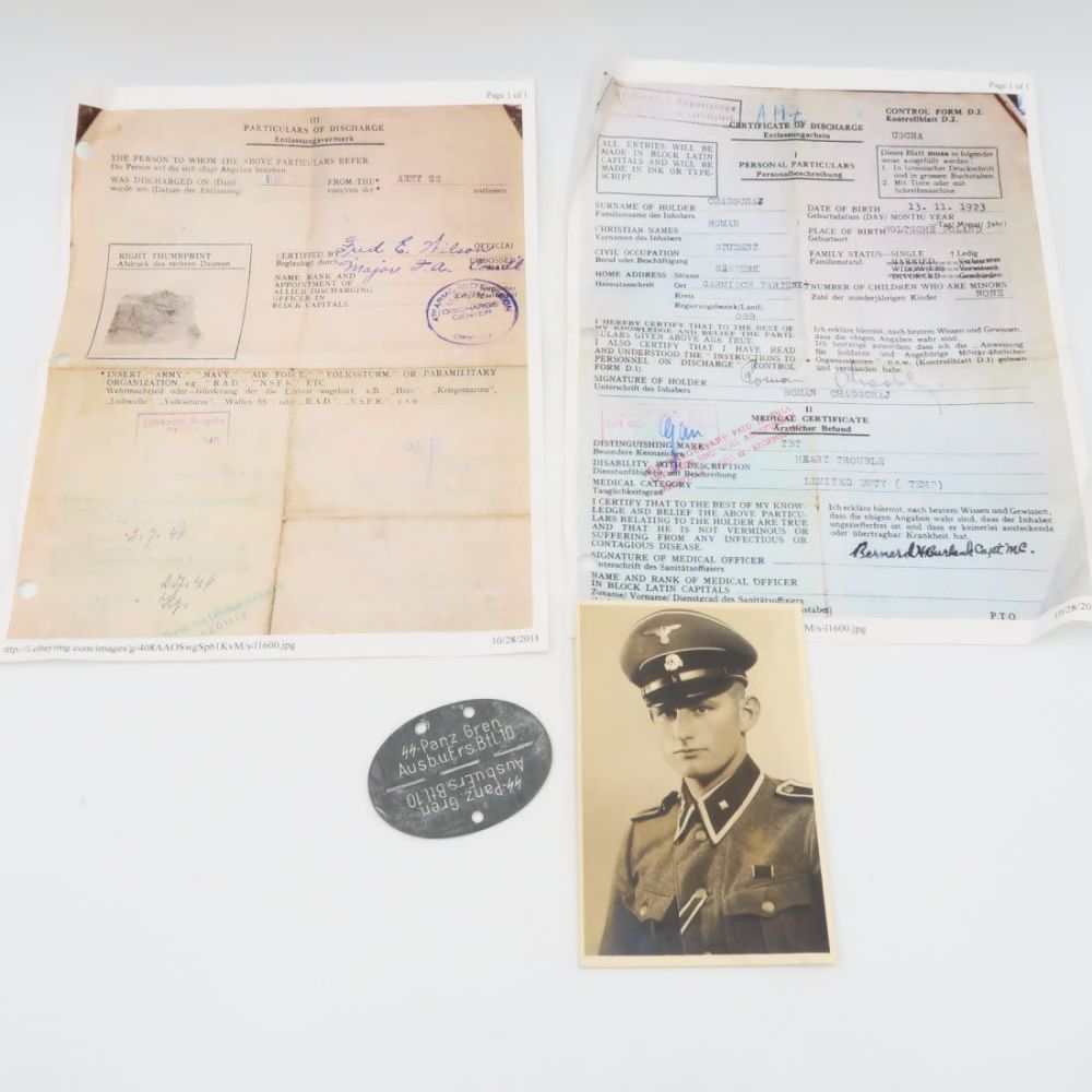 Lot 928: SS Dog Tag and Photo of Discharged SS Unterscharfuhrer