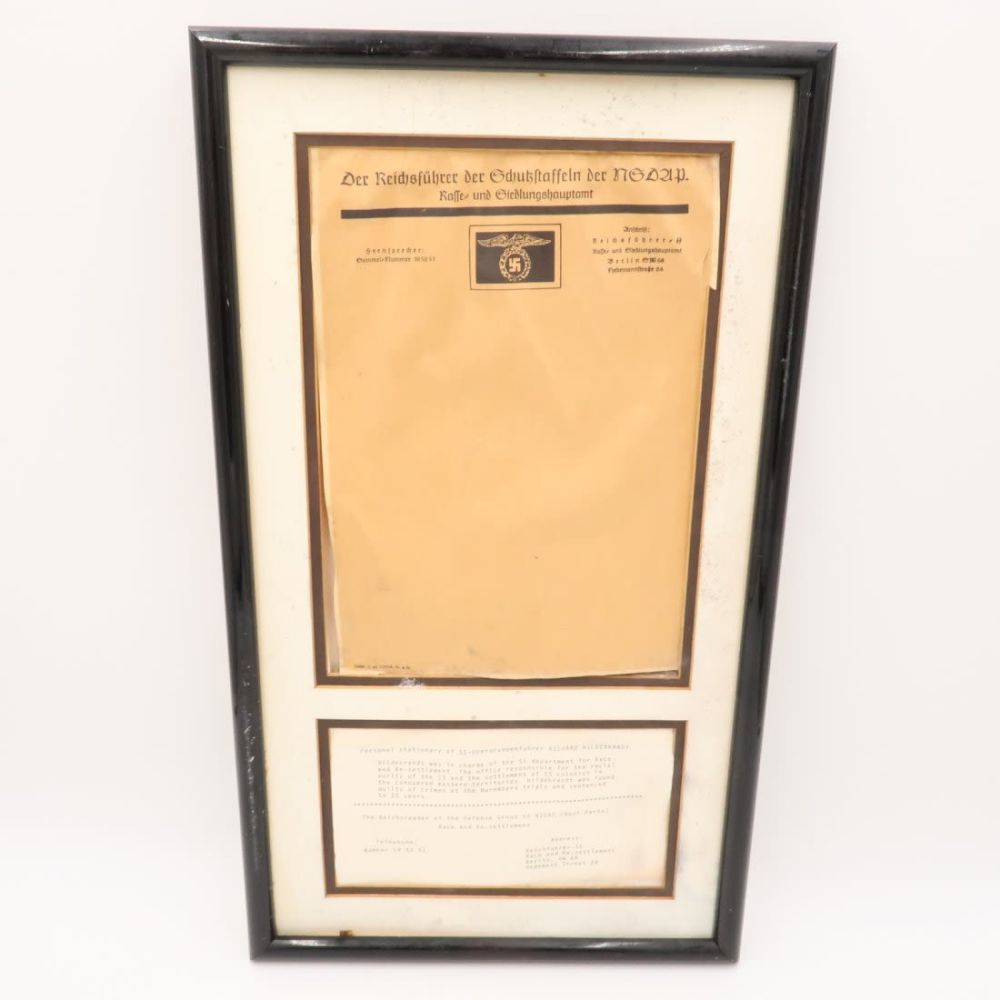 Lot 939: Framed Stationary of SS Commander Richard Hildebrandt