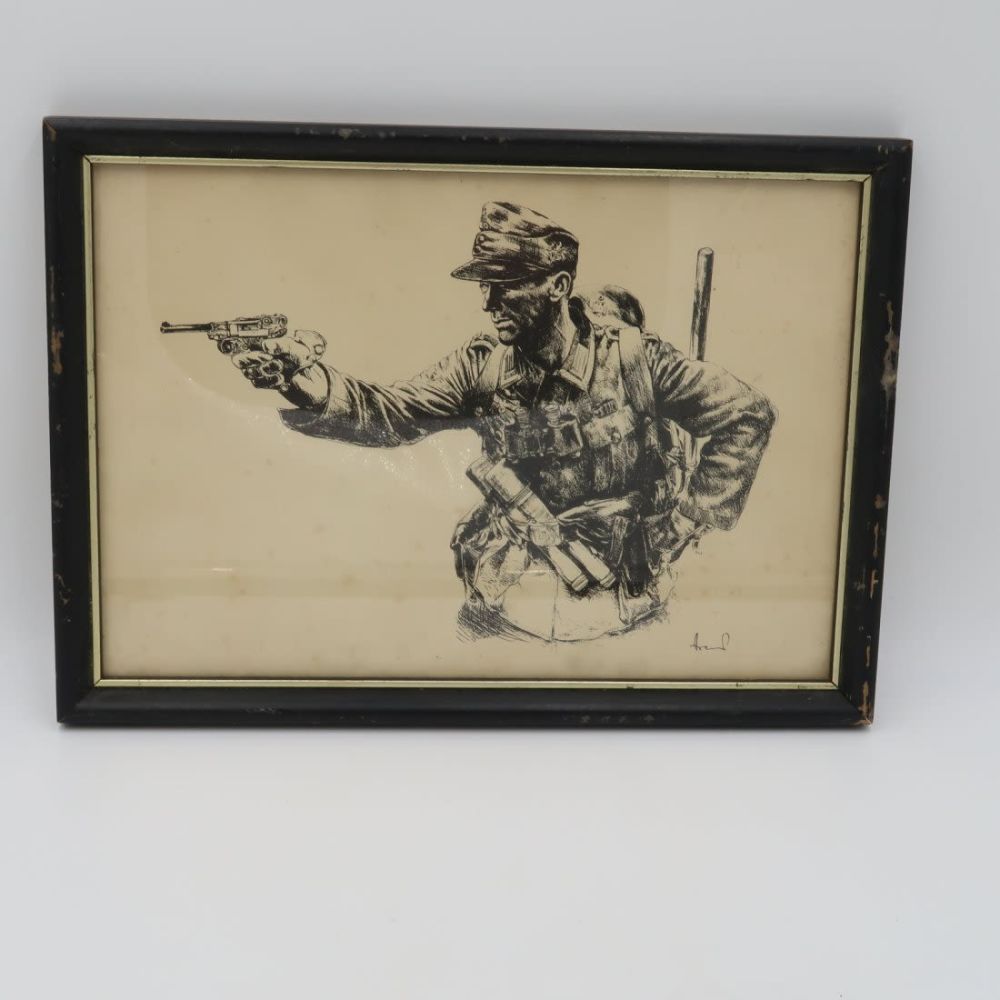 Lot 944: Framed Art Print of WWII Heer Soldier with Luger