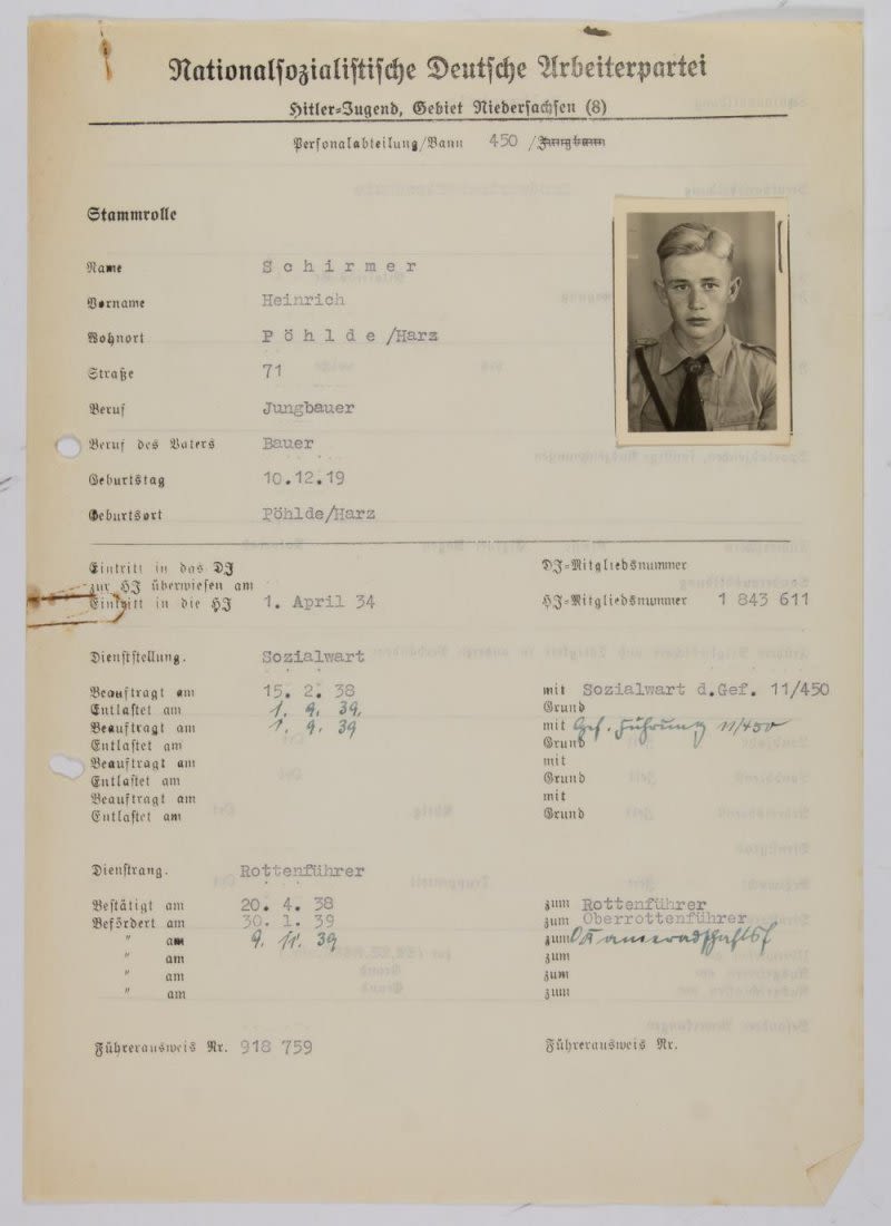 Lot 1000: HITLER YOUTH MUSTER ROLL FILE 15 yr Old