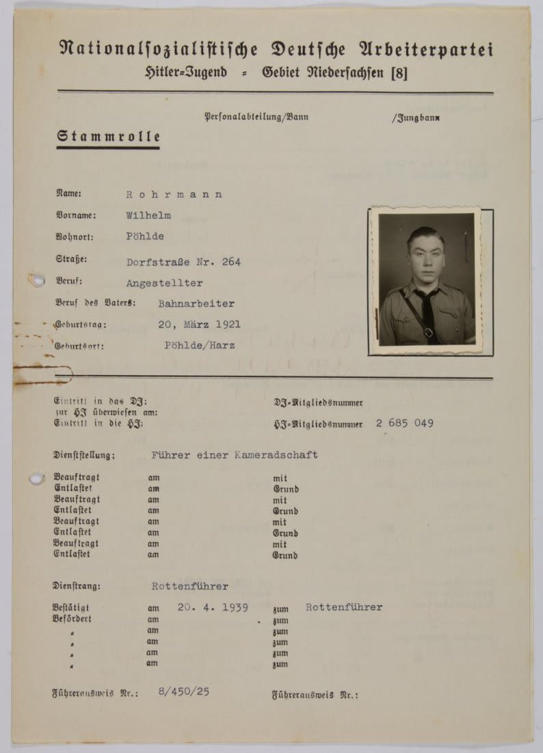 Lot 1001: HITLER YOUTH MUSTER ROLL FILE â€“ 18 yr Old