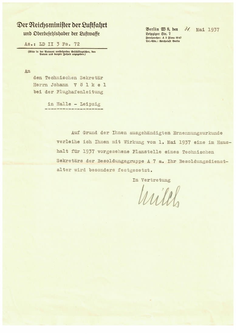 Lot 1002: FIELD MARSHAL ERHARD MILCH SIGNED LETTER 1937