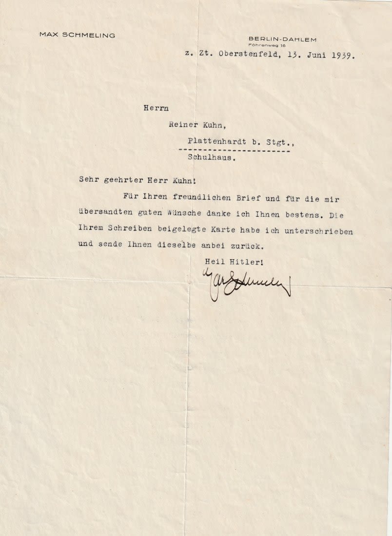 Lot 1008: MAX SCHMELING SIGNED LETTER 1939