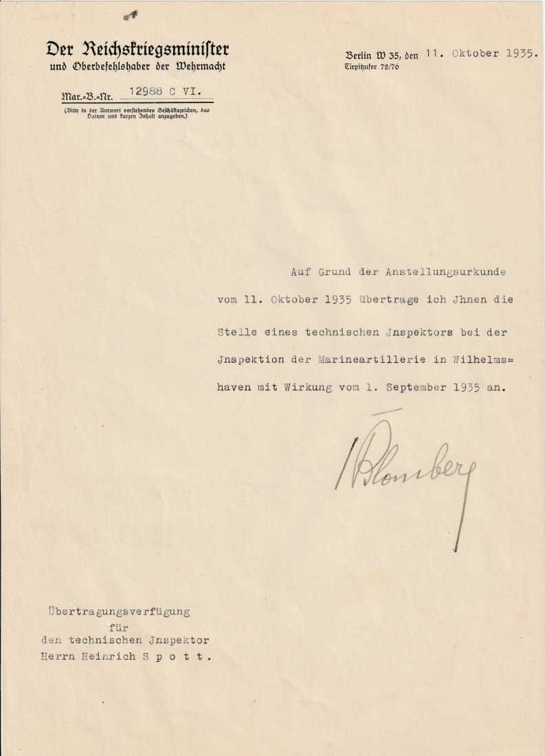 Lot 1009: FM VON BLOMBERG SIGNED LETTER