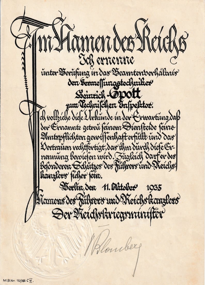 Lot 1010: FM VON BLOMBERG SIGNED DOCUMENT 1935