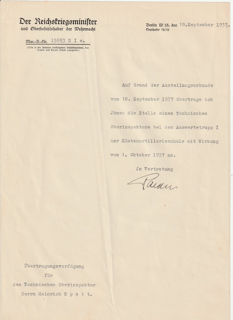 Lot 1011: Admiral Erich Raeder Signed Letter 1937
