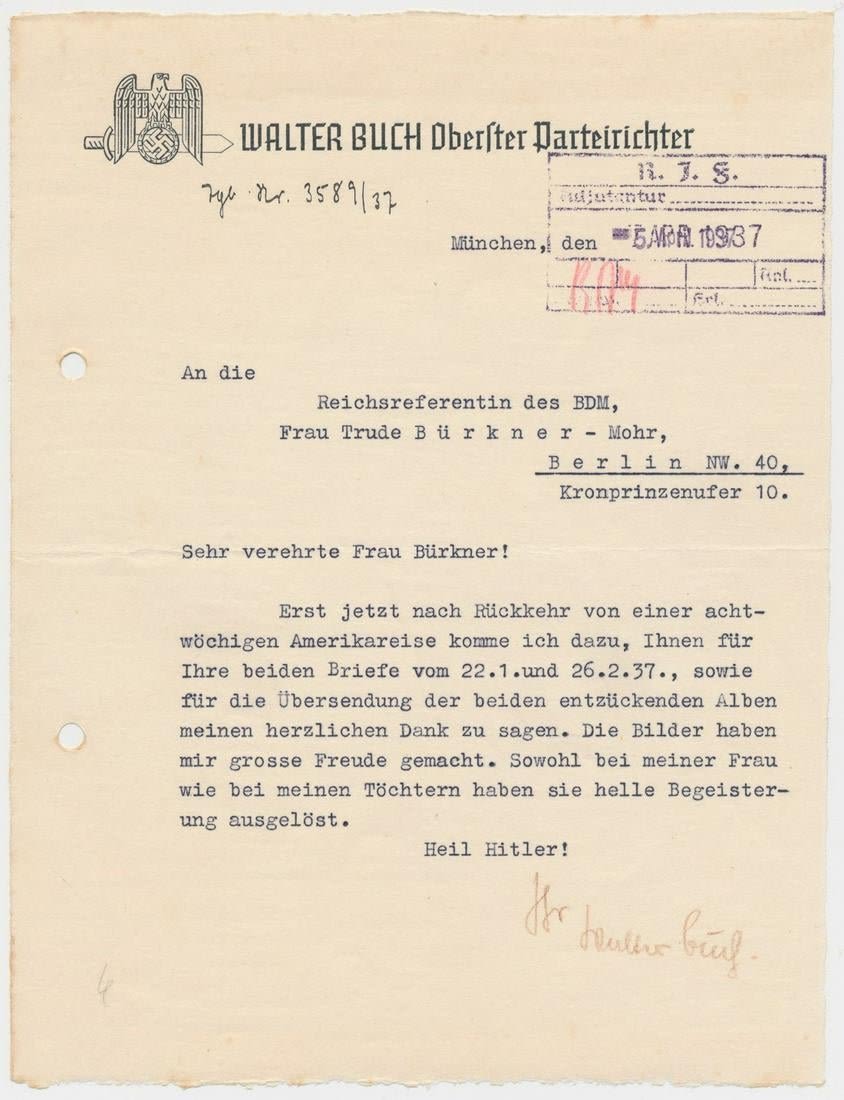 Lot 1015: CHIEF JUDGE NSDAP WALTER BUCH LETTER