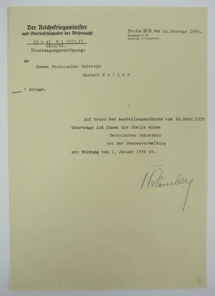 Lot 1018: WERNER VON BLOMBERG SIGNED LETTER