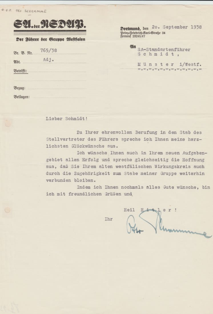 Lot 1019: SA-ObergruppenfÃ¼hrer,Otto Schramme Letter 1938