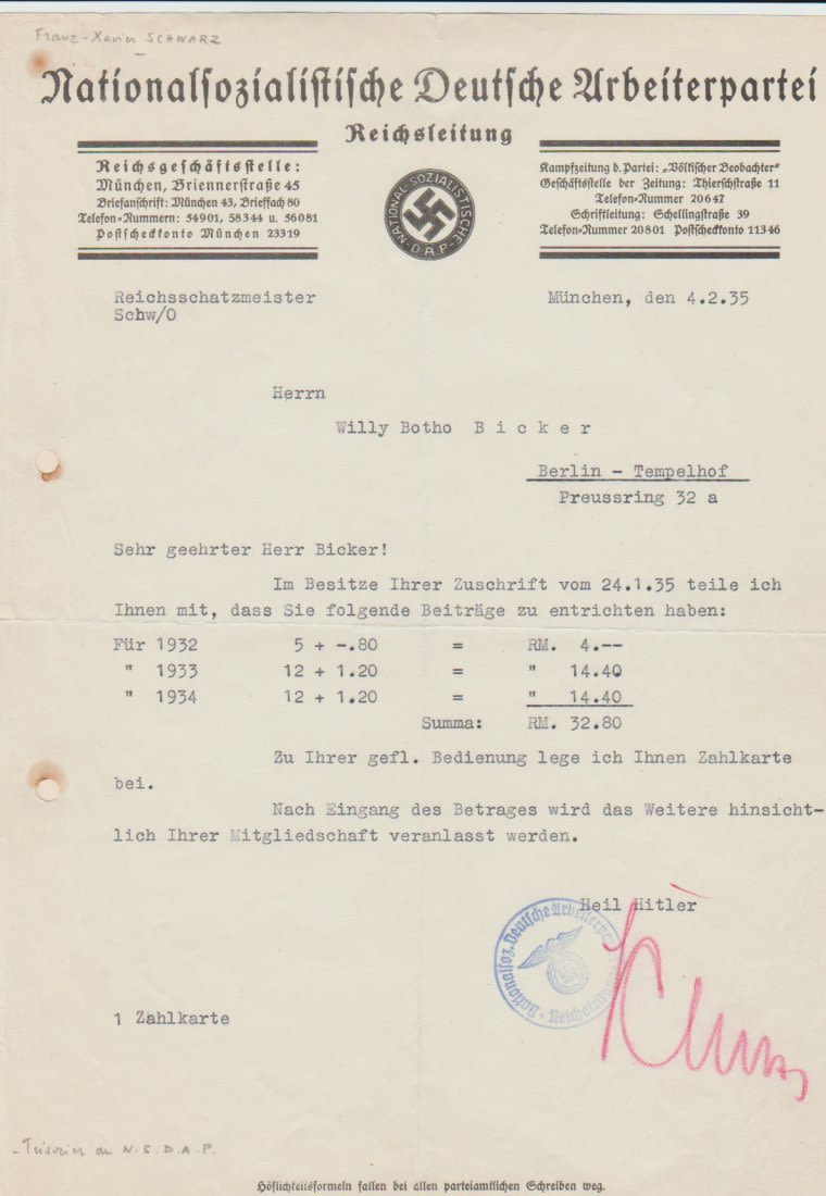 Lot 1020: Reichsschatzmeister (SS) FRANZ SCHWARZ Letter