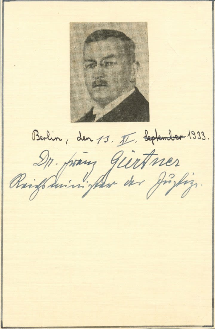 Lot 1035: DR FRANZ GURTNER AUTOGRAPH AND LETTER