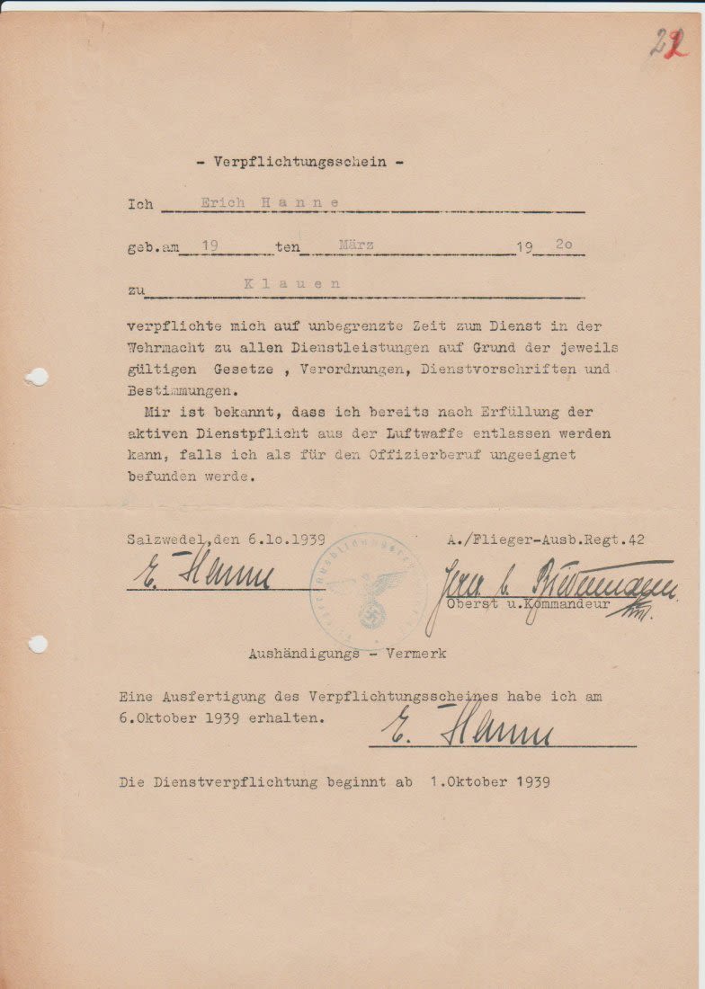 Lot 1039: LUFTWAFFE ACE Erich Hanne Signed Document