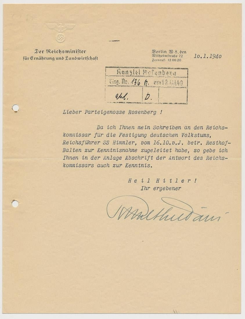 Lot 1040: WALTHER DARRE SIGNED LETTER TO ROSENBERG