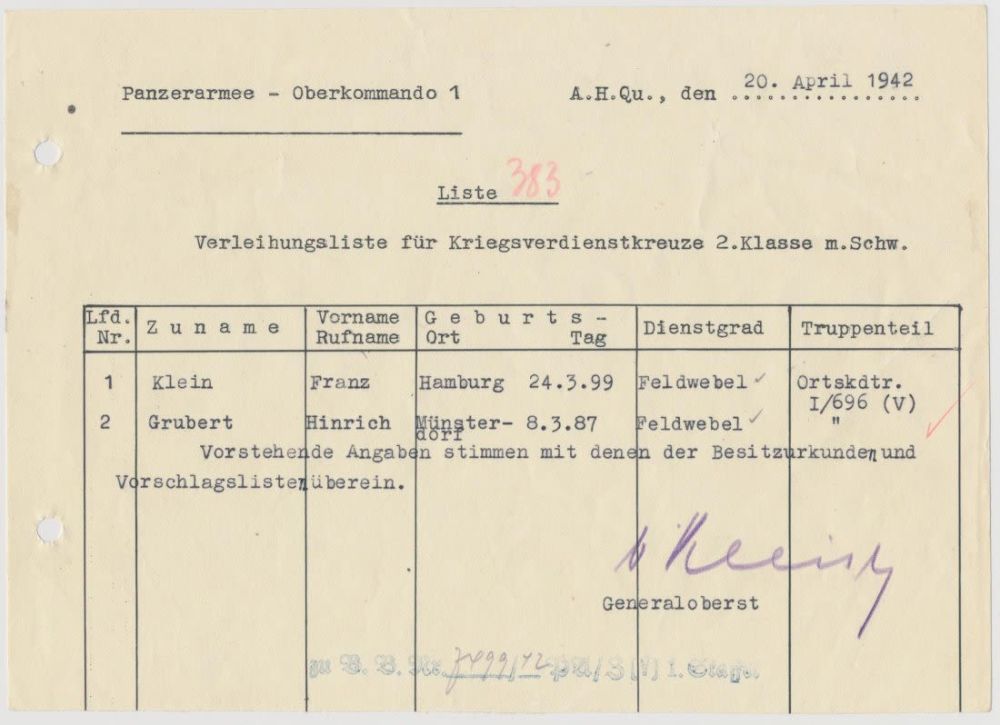 Lot 1044: FIELDMARSCHALL VON KLEIST SIGNED DOCUMENT