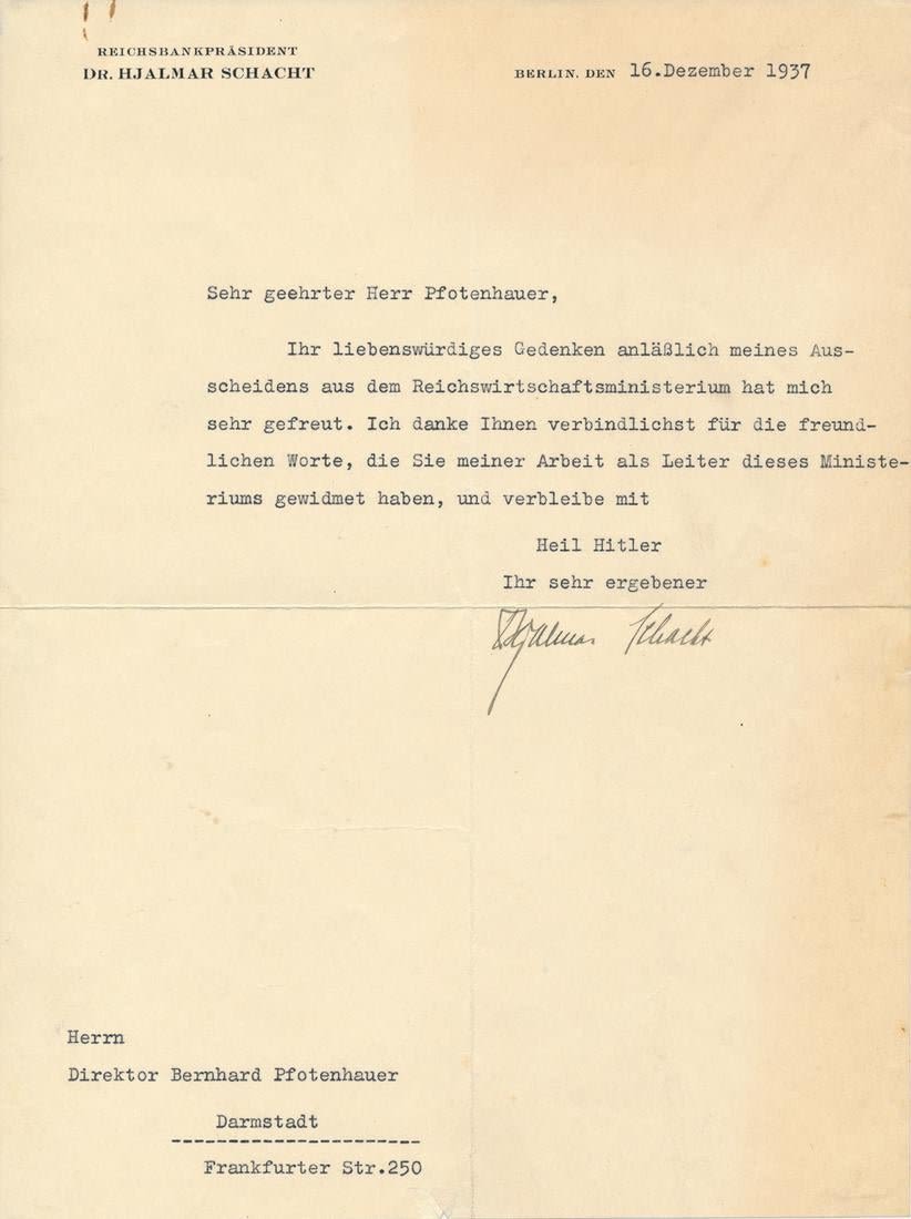 Lot 1050: HJALMAR SCHACHT SIGNED LETTER 1937