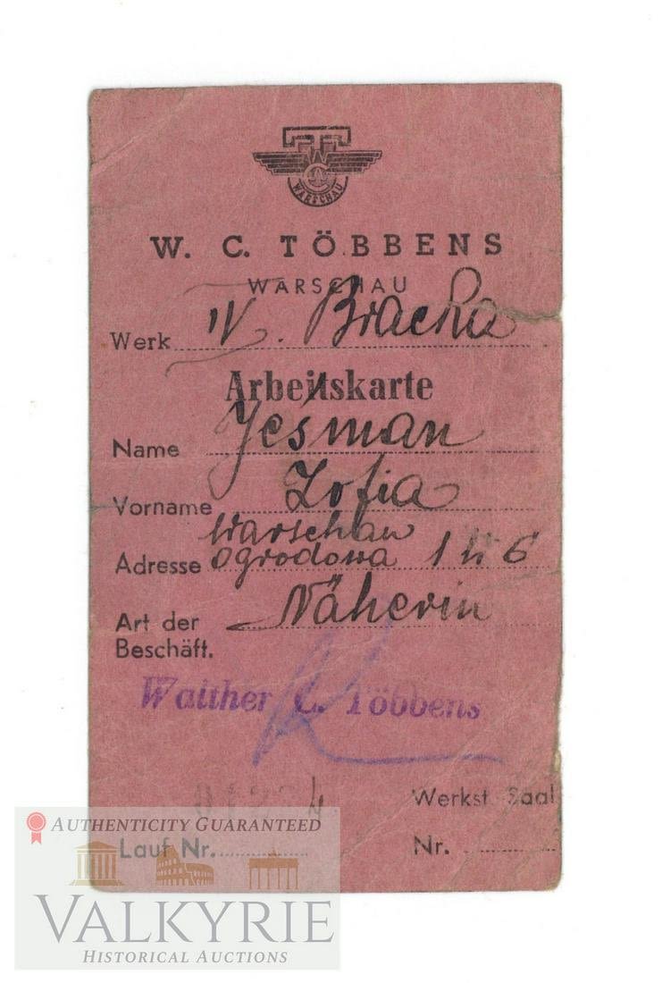 Lot 235: Working Card of the German Company W.C. TÃ¶bbens to a Jewish Woman in Warsaw Ghetto 1944