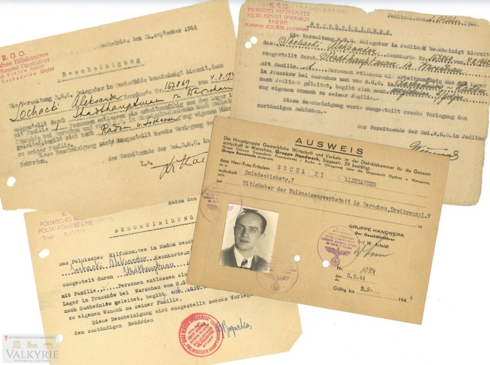 Lot 236: Set of Documents to a Polish Man from Warsaw - Certificates and ID Card 1944