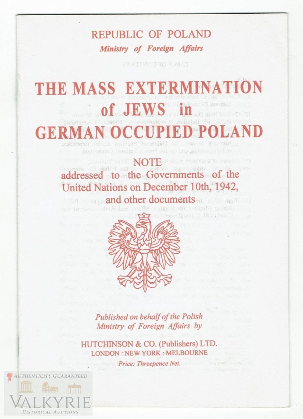 Lot 241: Report Book "The Mass Extermination of Jews in Poland" 1943 !